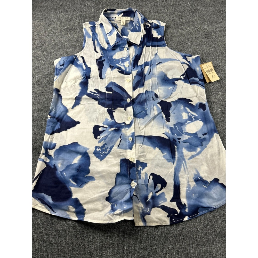 Coldwater Creek Blue Floral Tuck Front Tunic Blouse Sleeveless Womens 1X NWT